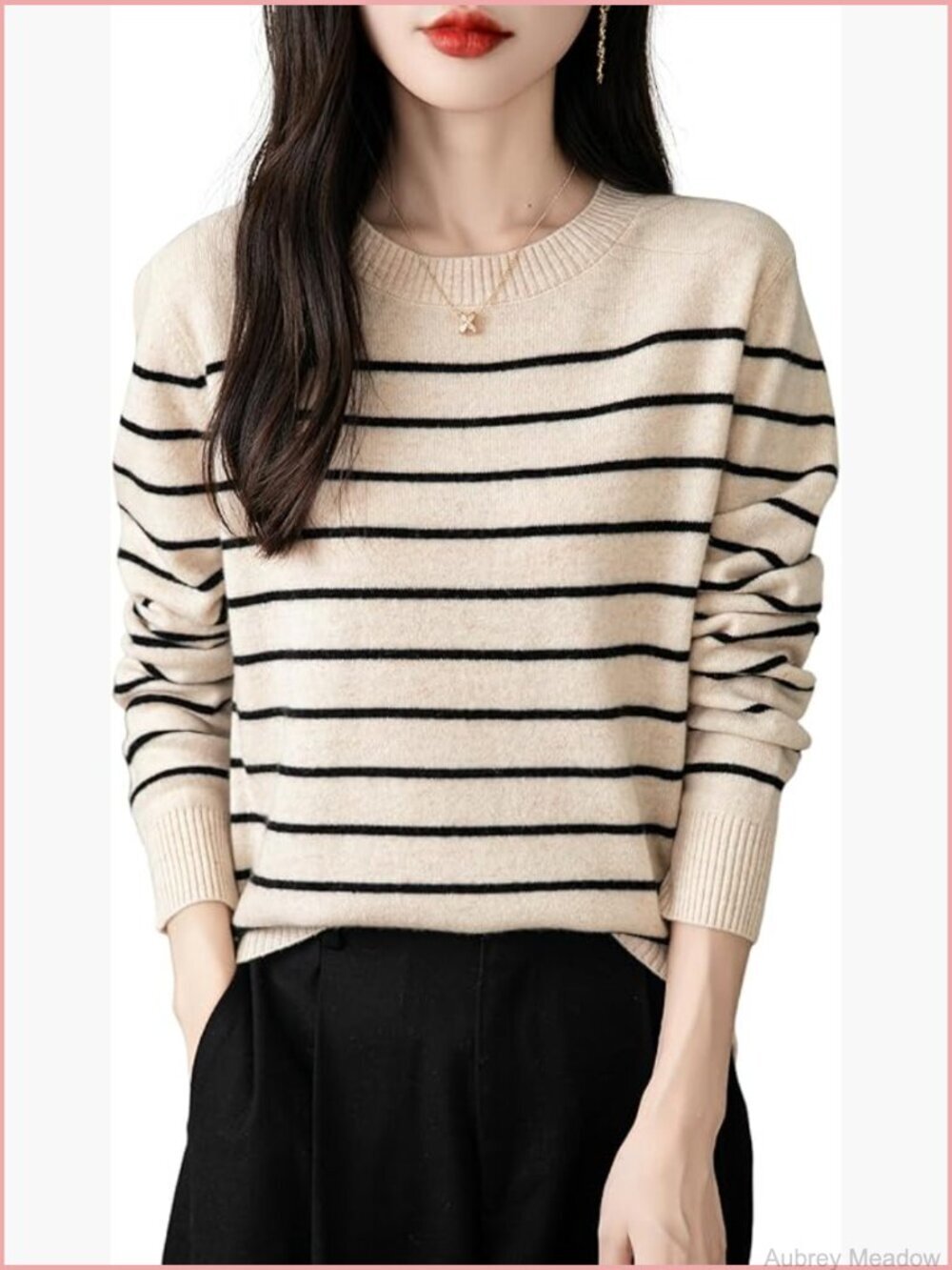 Women's 100% Merino Wool Crew Neck Long Sleeve Striped Sweater